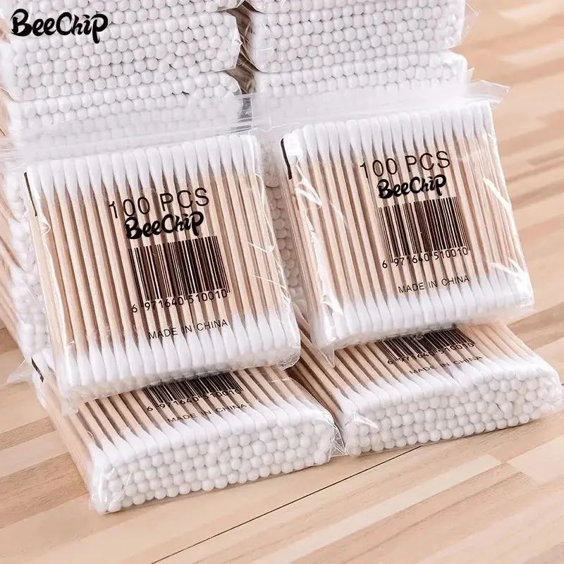 200PCS Wooden Double-Ended Cotton Swabs Make-Up Cleaning Disposable Cotton Swabs Medical Household Hygiene Ear Pulling