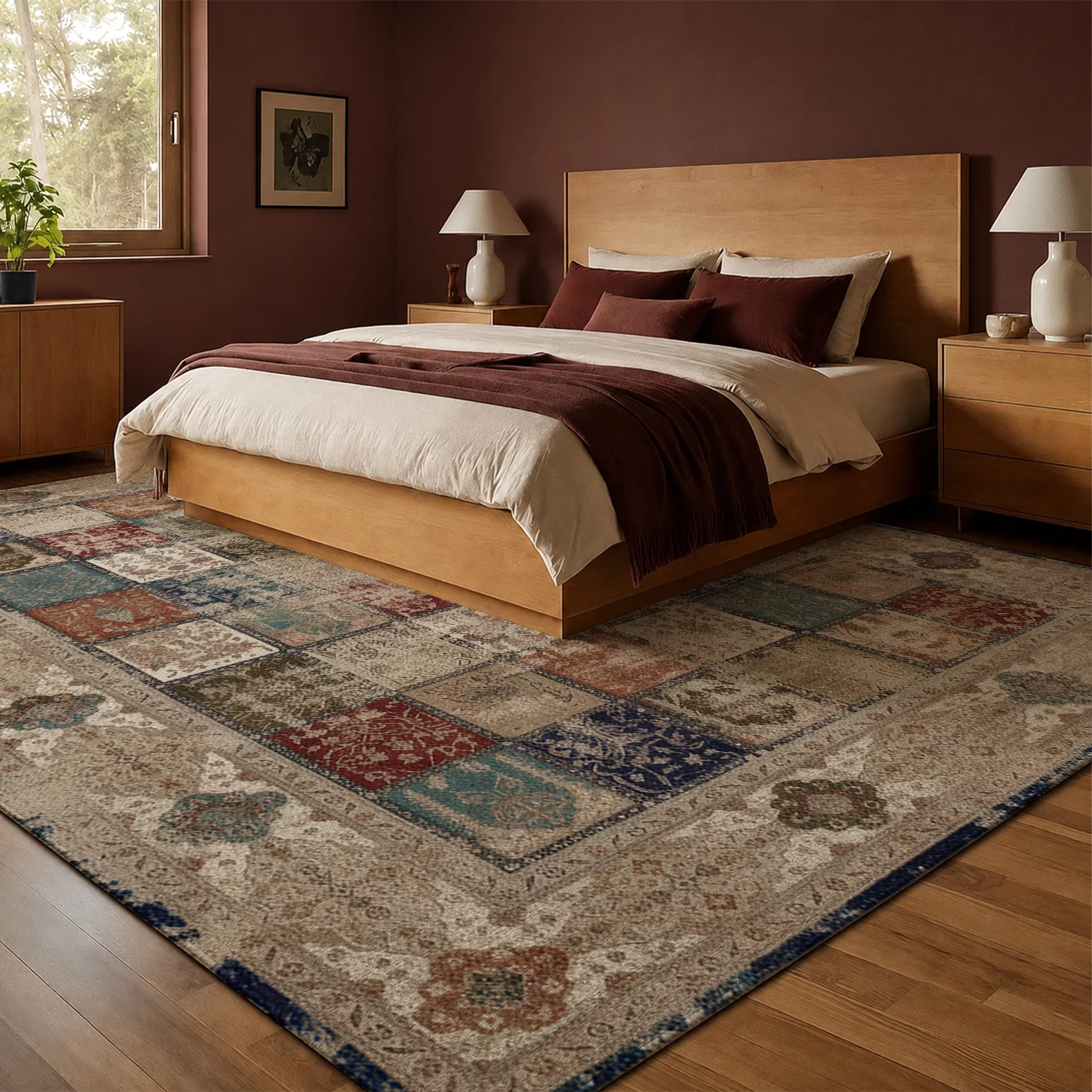 Large Indoor Area Rug, Soft Velvet Low Pile with Non-Slip Dotted Backing, Machine Washable Vintage Patchwork Floor Rug for Living Room, Bedroom, Neutral Multi-Color Distressed Oriental Style