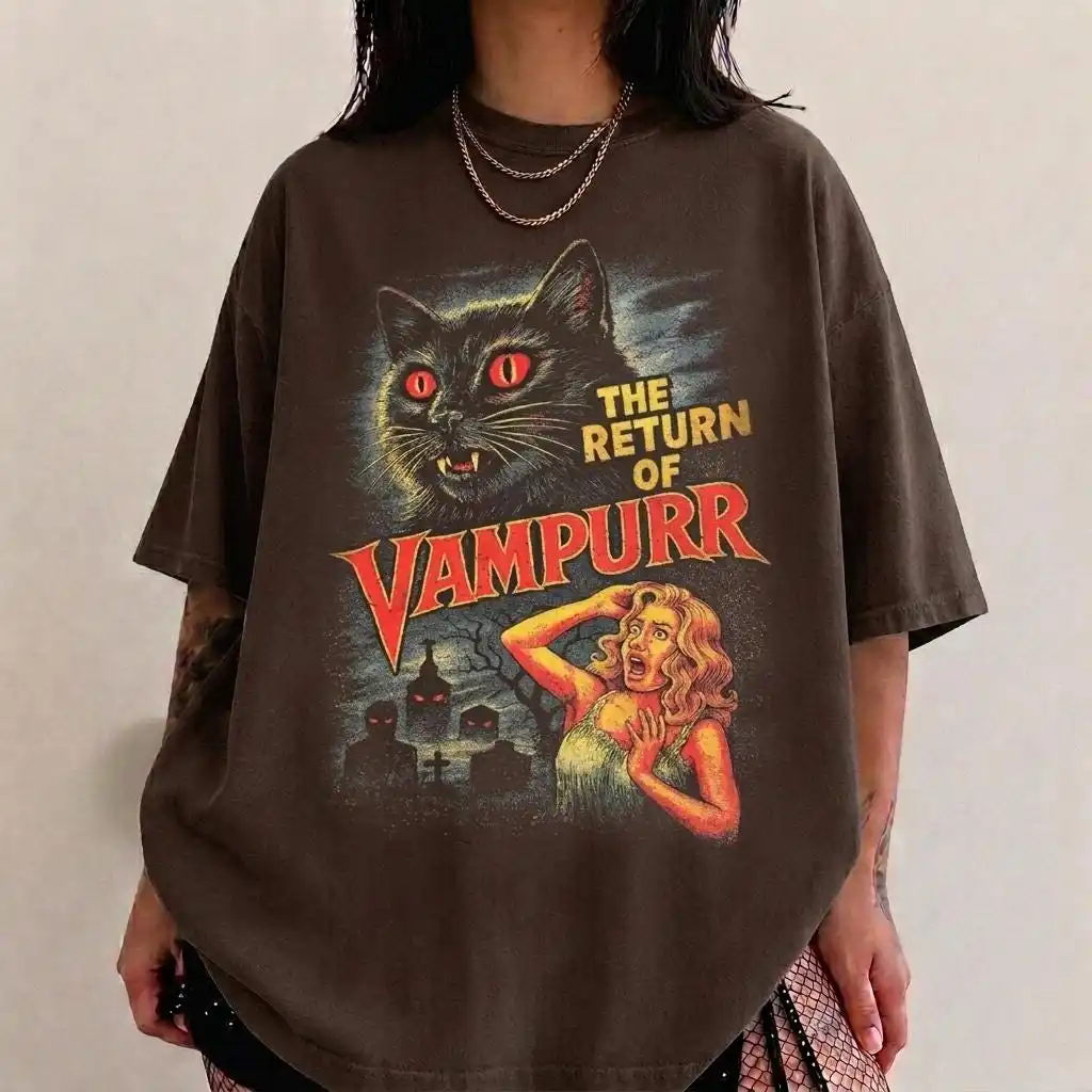 The Return Of Vampurr Tshirt, Retro B Movie Poster Shirt, Funny Vampire Cat Graphic Tee Spooky Halloween Spoof Gift