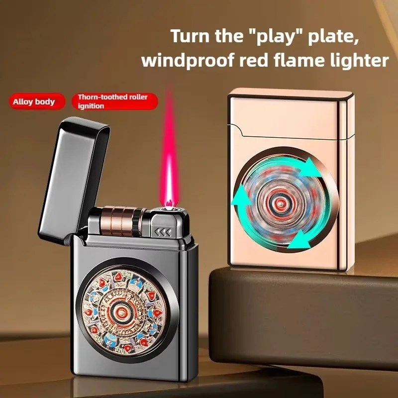 New Decompression Turntable Red Flame Windproof Inflatable Lighter Metal Body Rotatable And Playable Men's High-value Gifts