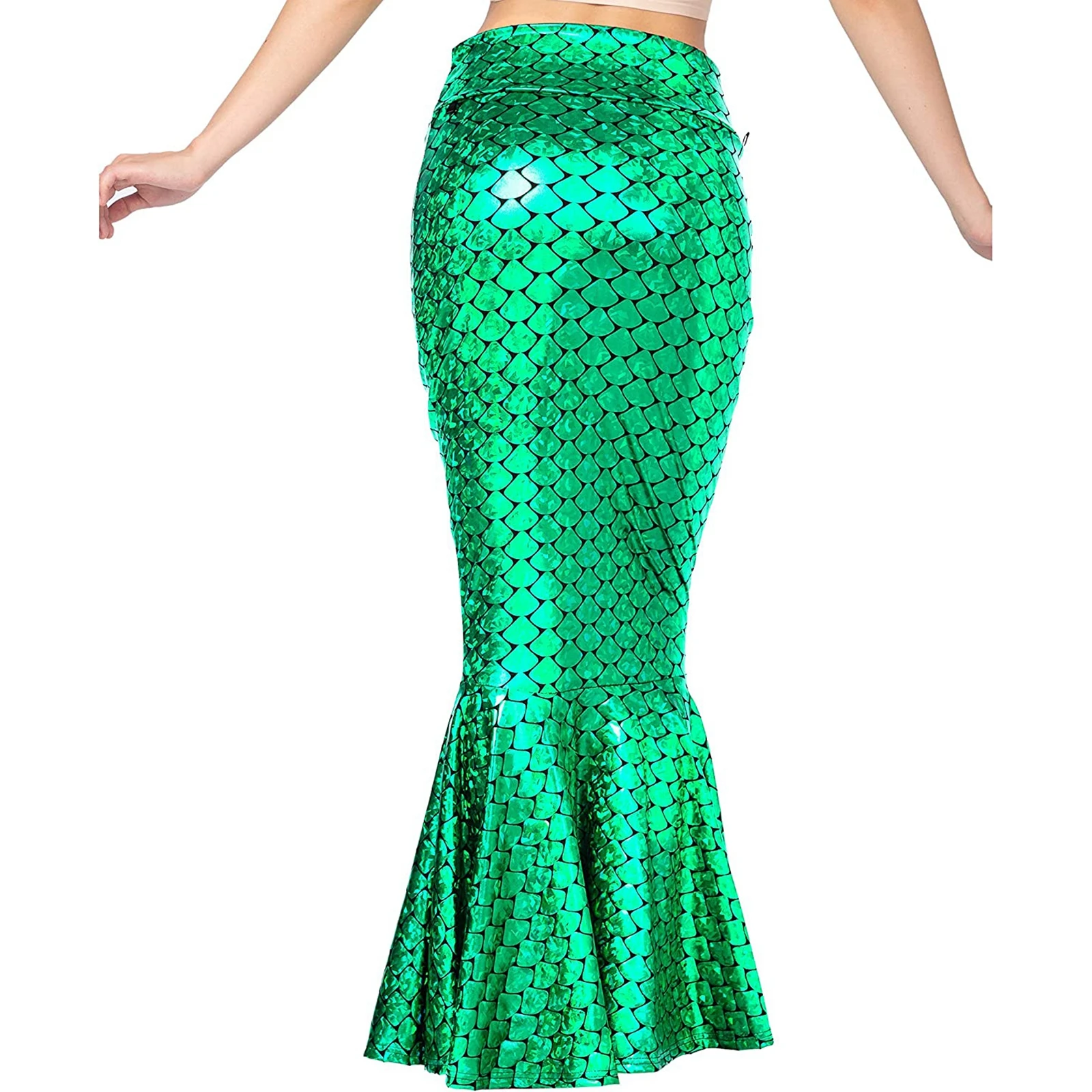 Women Long Mermaid Skirt Metallic Hologram Scale Print Slim Fit Skirt with Pearl Chain for  Cosplay Costume falda de fiesta