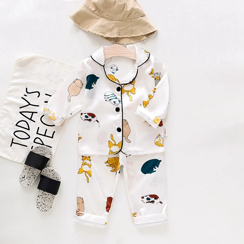 

Children's Satin Pajamas Set Autumn Cartoon Print Long Sleeve Pyjamas Baby Boy Girls 2pc Nightgown Casual Toddler Sleepwear