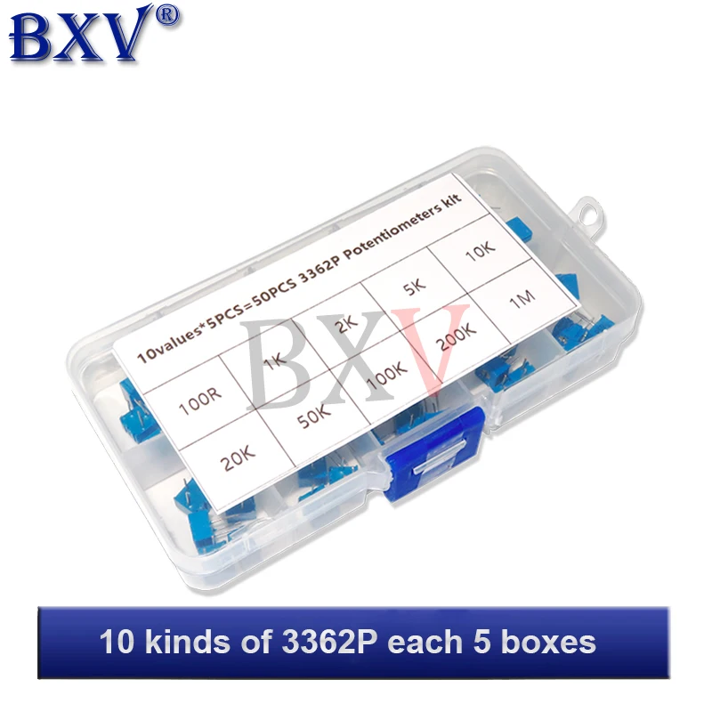 50PCS 3362P Multiturn Trimming Potentiometers Kit 10Values*5PCS 500R-1M 3362 Potentiometer 500 Ohm-1M Ohm