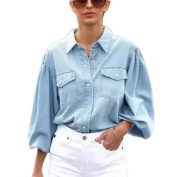 Spring Autumn Loose Bubble Long Sleeve Shirt Women Lapel Double Pockets Blouse Female Single Row Snap Button Cardigan Tops 2024