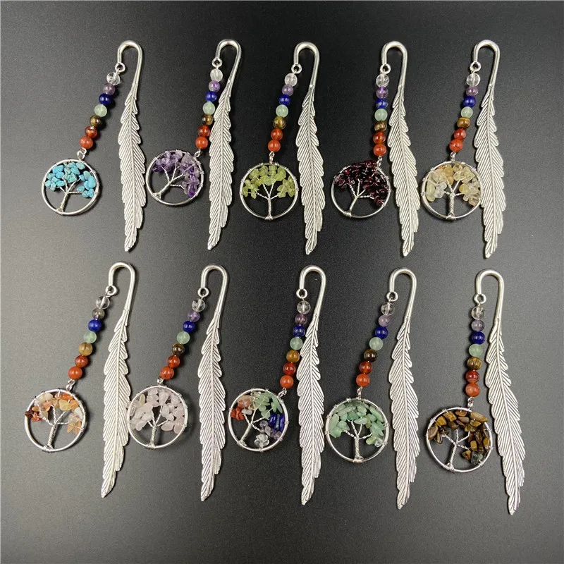 

Healing Reiki Ore Chakra Stone Tree Of Life Bookmark Hand Made Natural Mineral Semi-precious Stone Crystal Jade Feather Bookmark