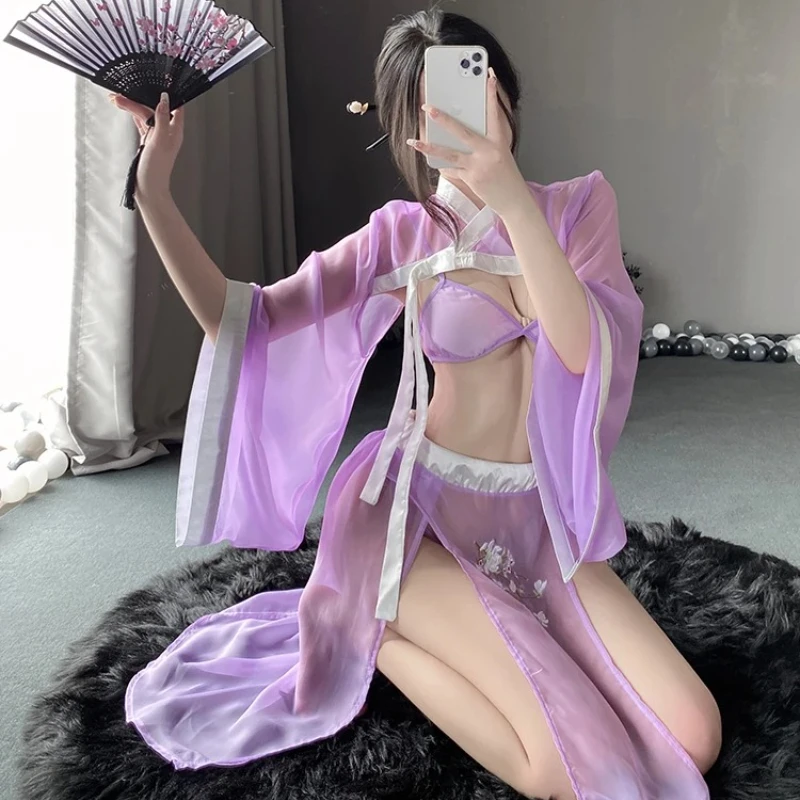 

Антикварная пижама Hanfu Passion Temptation Cheongsam Pure Desire, униформа, сексуальное женское белье с вышивкой, эротическая длинная юбка с разрезом на бретельках