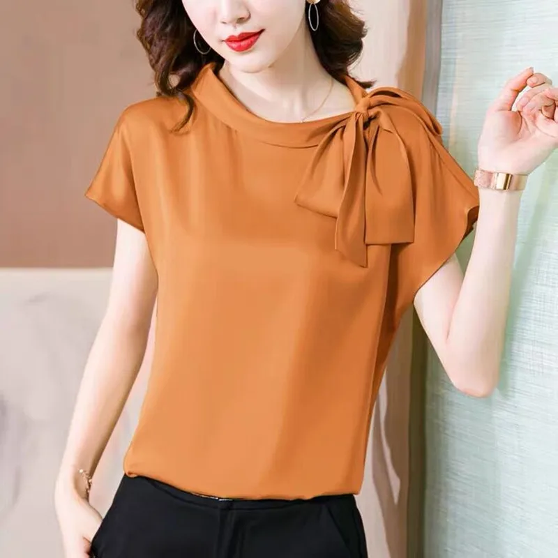 Büro dame Eis seide Shirts Frauen Vintage Chiffon Bluse Sommer Neue Acetat satin Hemd Elegante künstliche seide Bogen tops