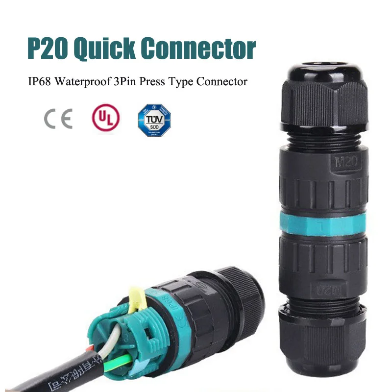 Waterproof Press-type P20 Quick Connector Outdoor IP68 16A 450V 5-12mm 3Pin Electronic Power Cable Connectors for LED Lighting