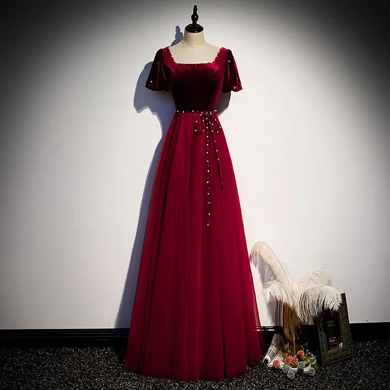 

Customized Evening Dress Wine Red Velour Tulle Beads Square Collar Floor-Length A-Line Short Sleeves Plus size Party Formal Gown