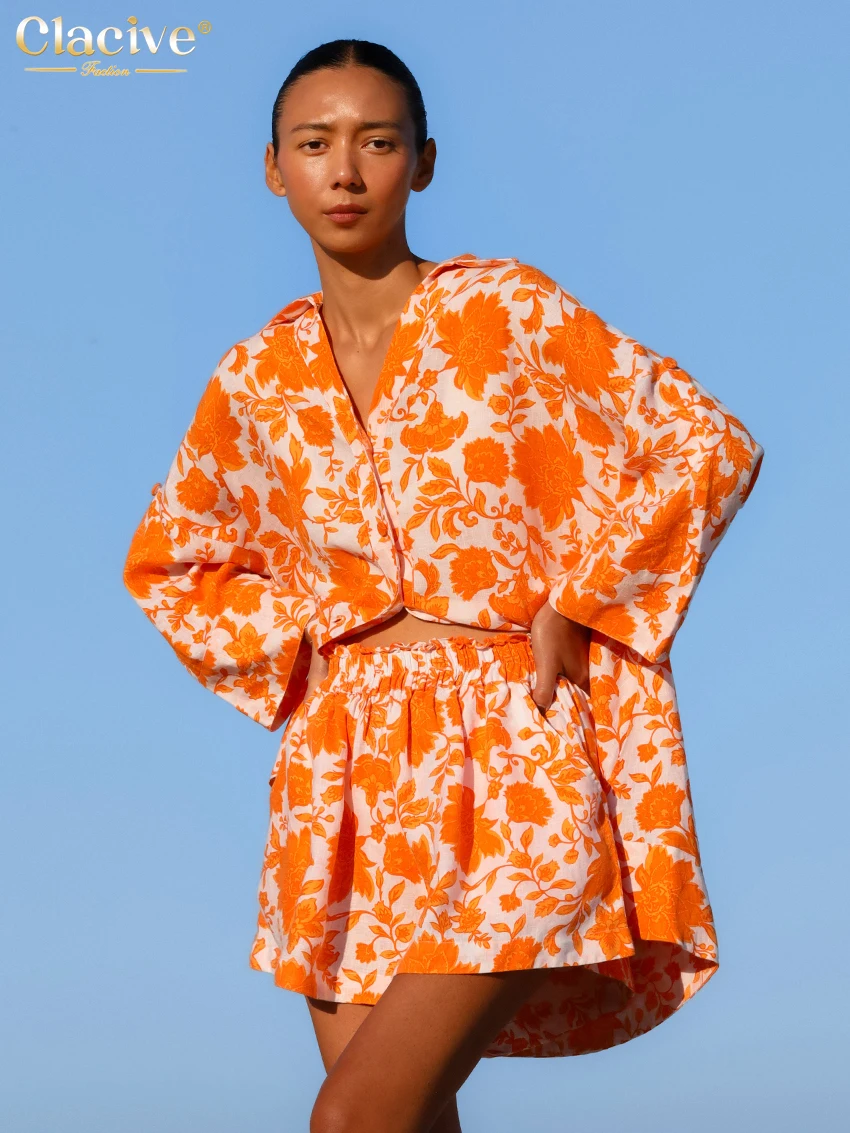 Clacive Fashion Loose Print 2 Piece Sets Women Outfit Elegant Long Sleeve Shirt With High Waist Shorts Set Female Streetwear