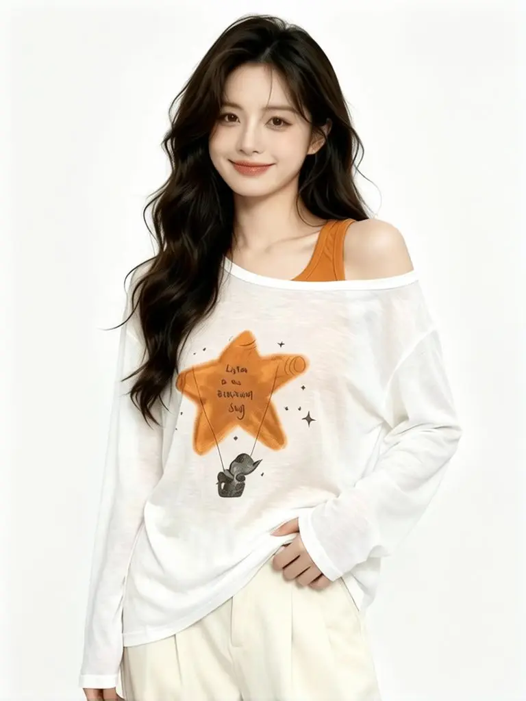 Korean Cozy Two Piece One Shoulder Star T Shirt Women Oversized T Shirt Top Set See Through Sheer Top Basic Off Shoulder
