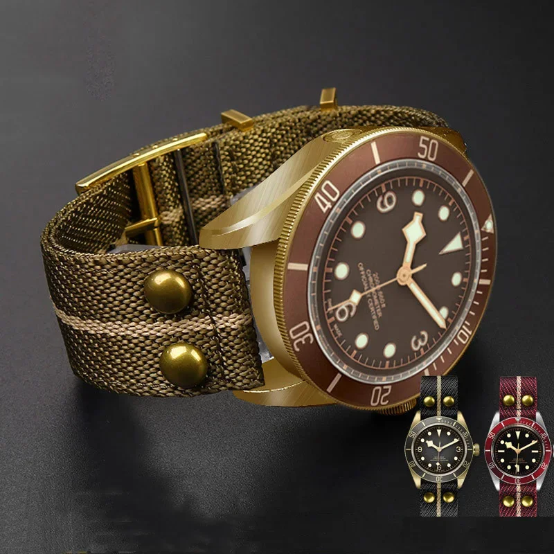 

Retro With Rivets Nylon Watch Strap for Tudor Bronze Copper Flower Water Proof Black Shield Black Gold Watchband 22mm