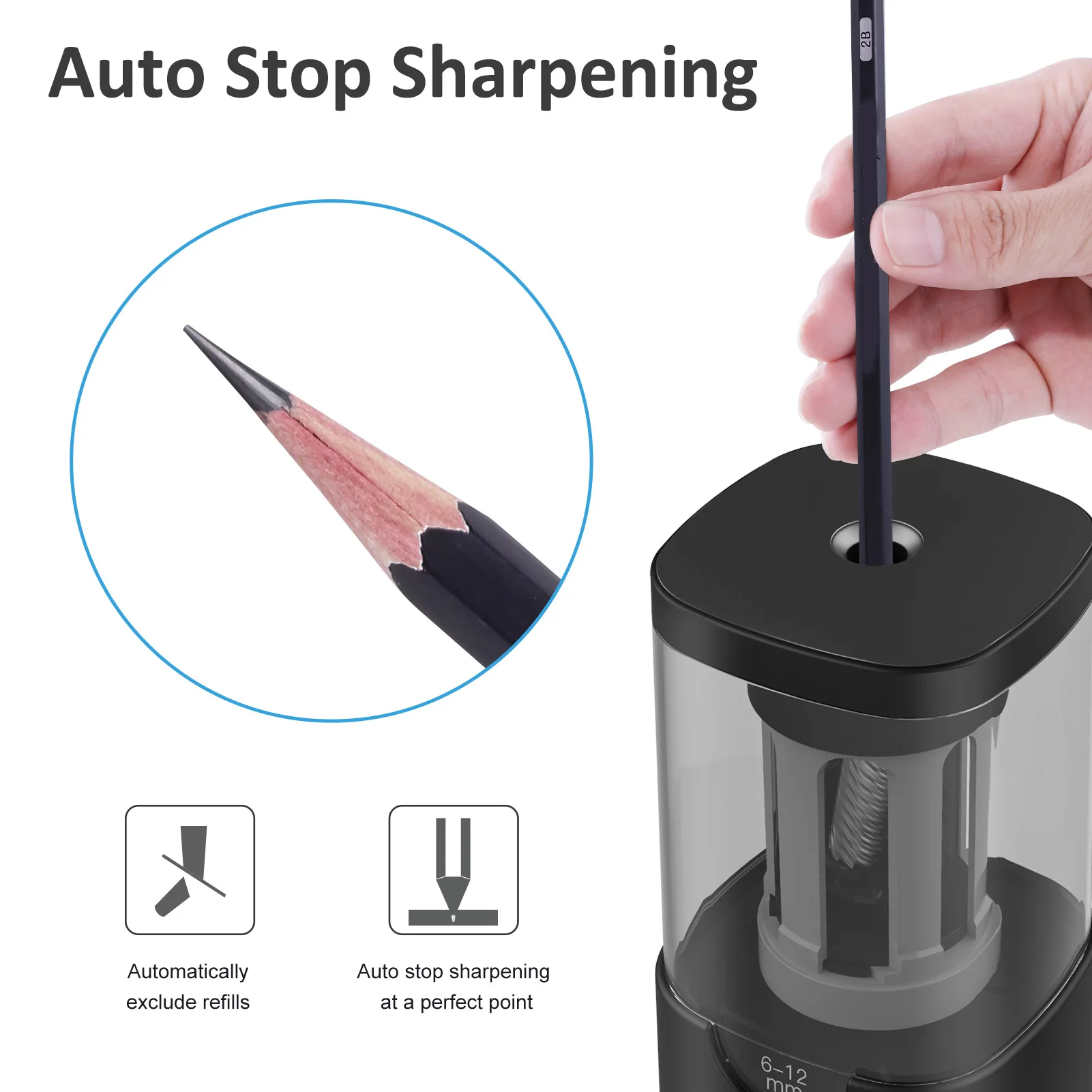 Tenwin 6-12Mm Rautan Pensil Listrik Auto-Stop Besar Alat Tulis Mempertajam Perlengkapan Kantor Sekolah Rautan Mekanik Hadiah Anak-anak