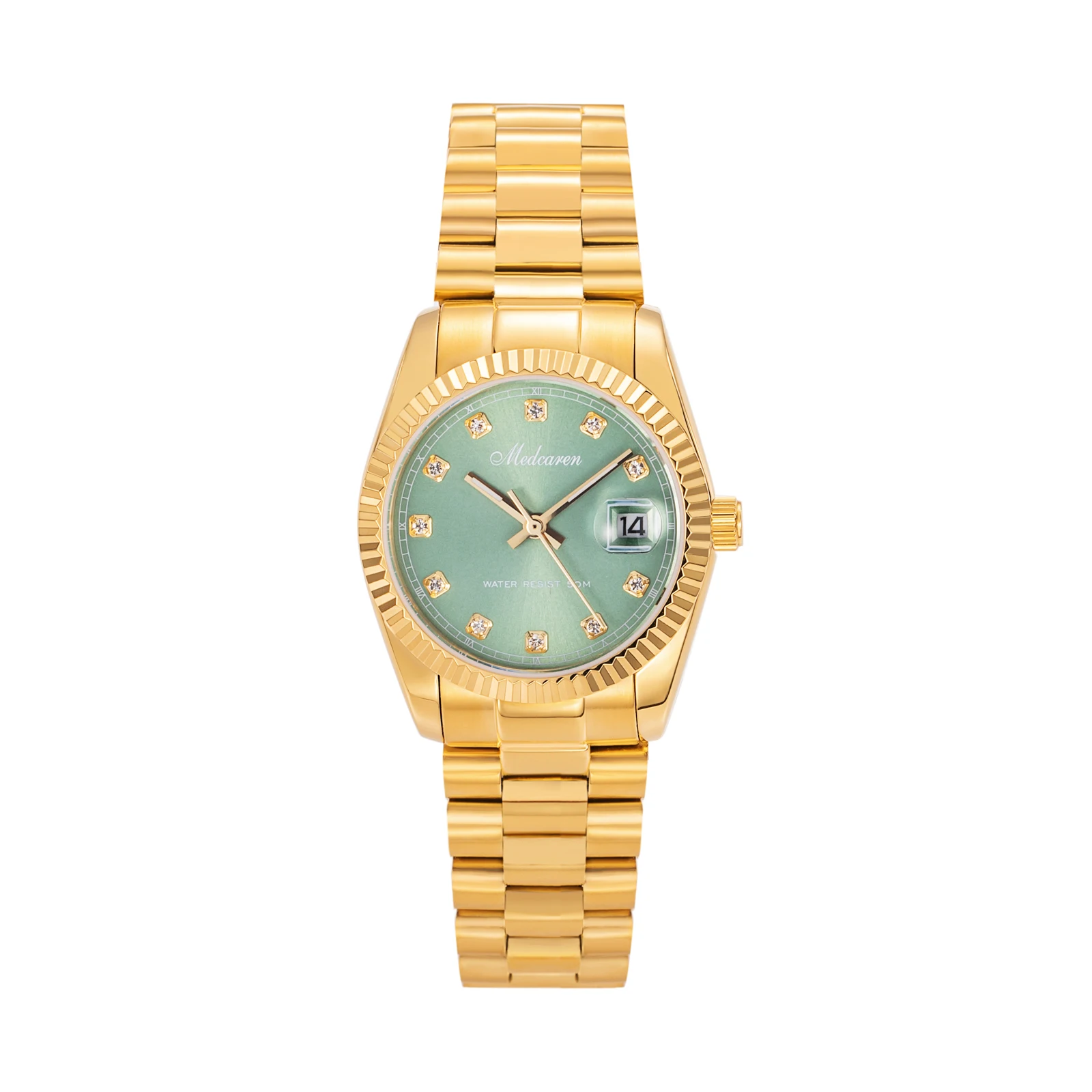 

Роскошные женские кварцевые наручные часы 30 мм, 24-каратное золото, модные женские часы с календарем, ремешок из нержавеющей стали, водонепроницаемые, подарки для жены