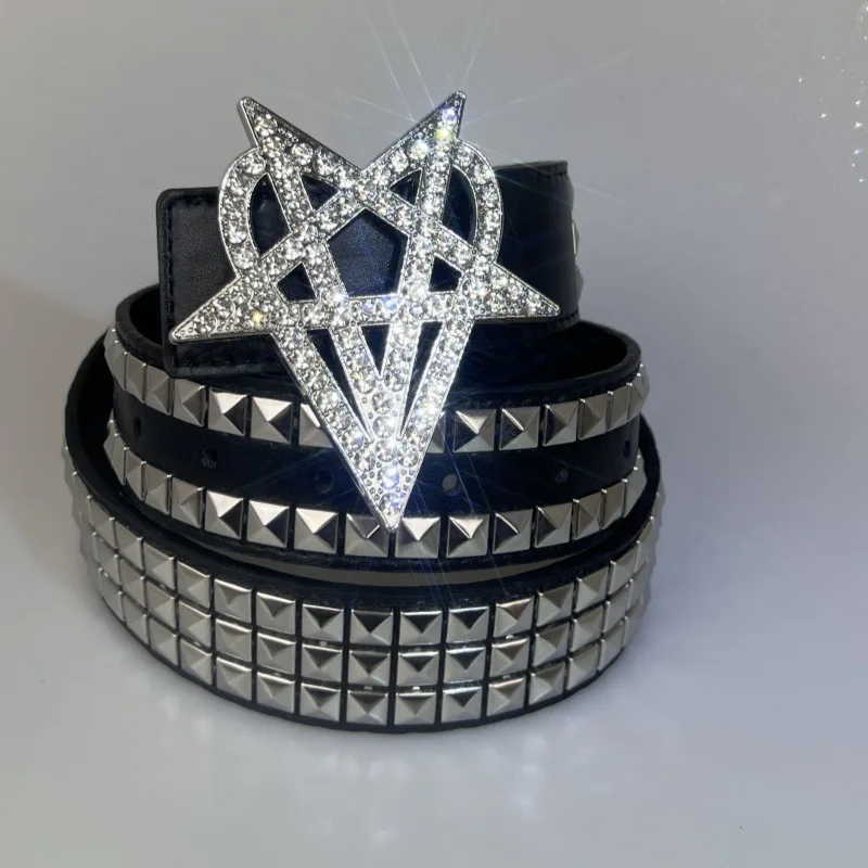 

Bling Belt Y2K Star Rhinestone Buckle PU Leather Waist Belts for Women Jeans Belts Punk Rivet Hollow Out Cinturones Para Hombre