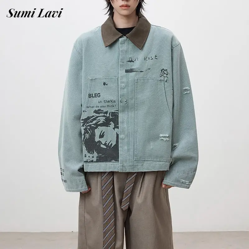 Fashion Loose Fit Print Pattern Jacket Mens 2026 Autumn Warm Streetwear Vintage Contrast Color Outerwear For Male Daily Outdoor