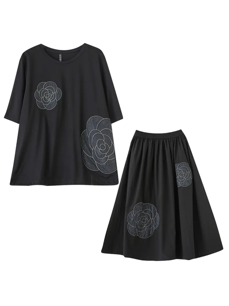 Oversized Flower Embroidery Summer 2 Two Piece Set Women Casual Modis Ladies Blouses Ruffle Pleated Loose Woman Midi Skirts