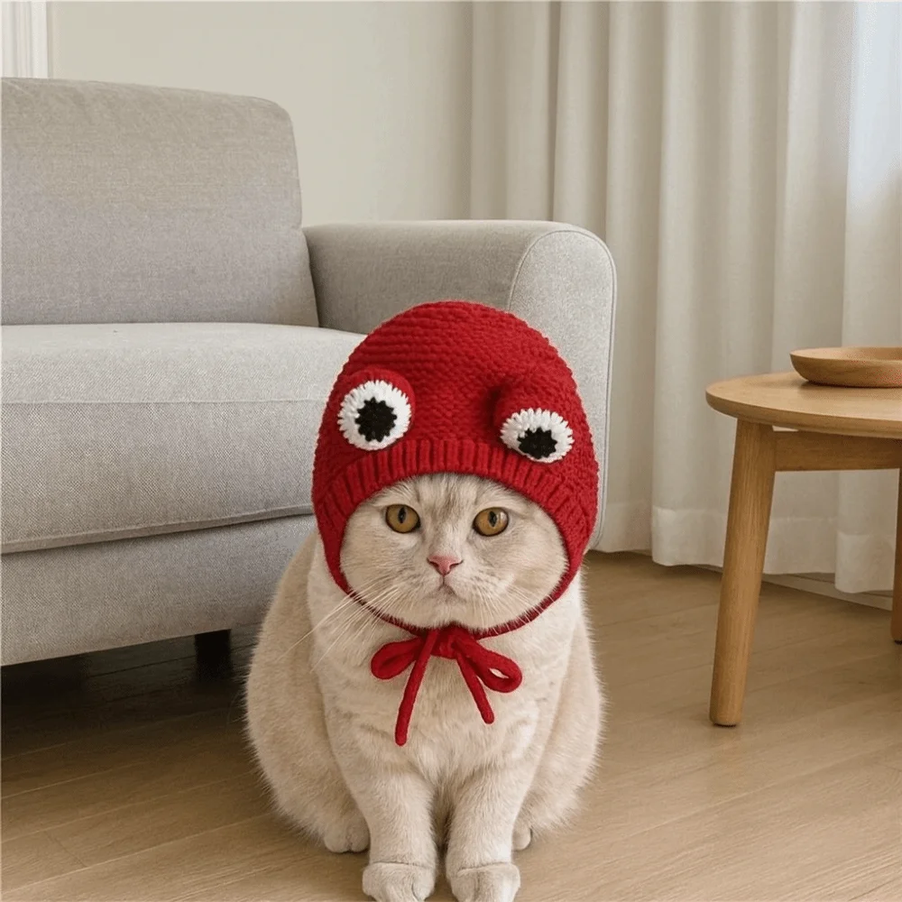 Cat Ear Covers Warm Dog Knitted Hat Adjustable Quiet Noise Protection Pet Headgear Handmade Cartoon Pet Frog Hat Cosplay Party