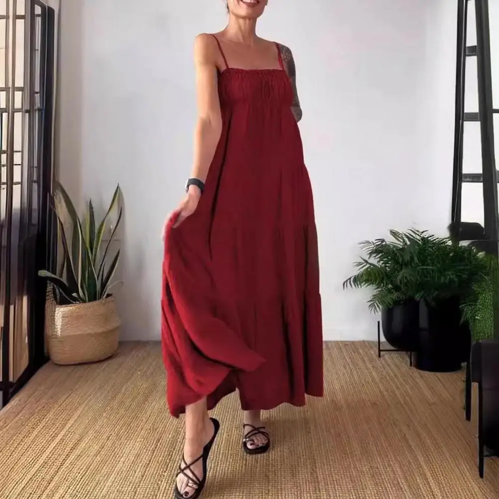 

Long Dress Elegant Spaghetti Strap Maxi Dress for Summer Beach Vacation Backless A-line Patchwork Design with Ankle Length Hem