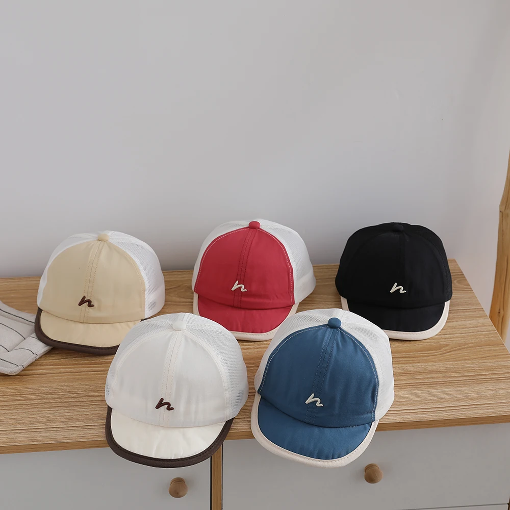 Solid-color Minimalist Embroidered Baseball Cap, Summer Breathable Mesh Children's Sun-Protective Beanie with Brim