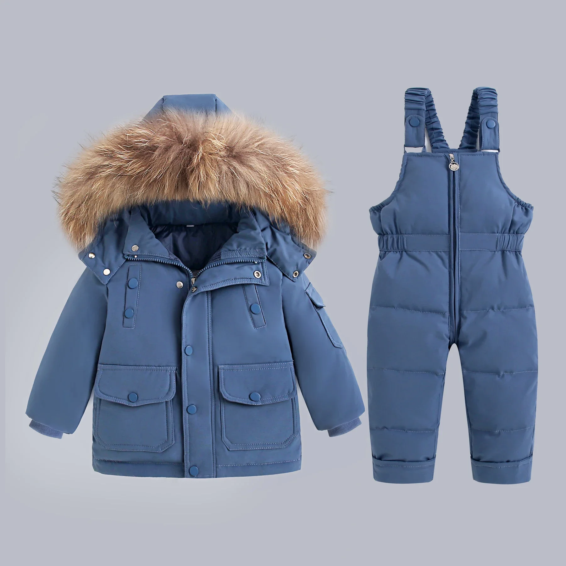 2025 Winter Children Boy 2PCS Clothes Set Waterpoof Hooded Real Fur Down Jacket Girls Overalls 1-5 Year Kids Snowsuit