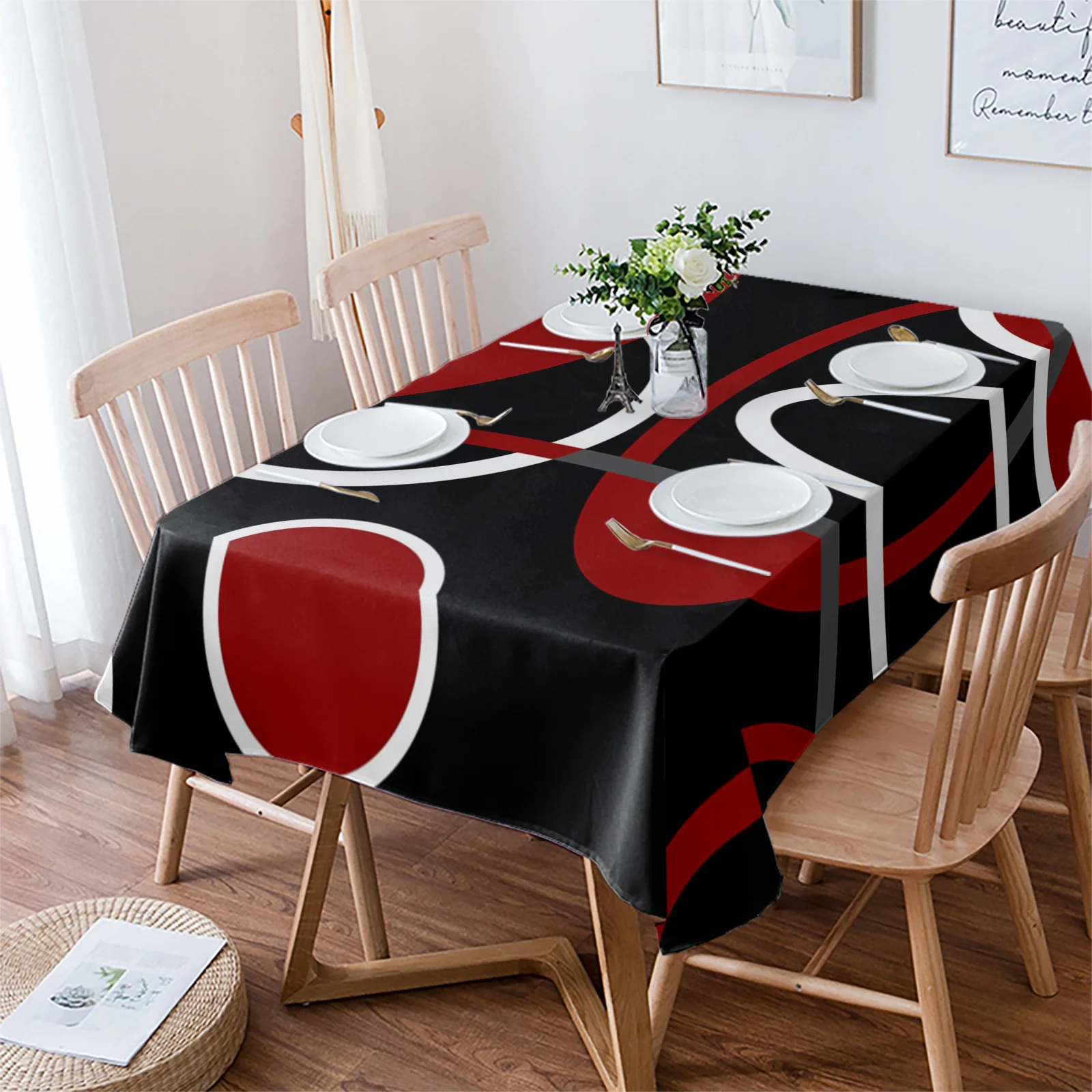 Red Black Geometric Abstract Lines Tablecloth Waterproof Dining Table Rectangular Round Tablecloth Home Kitchen Decoration