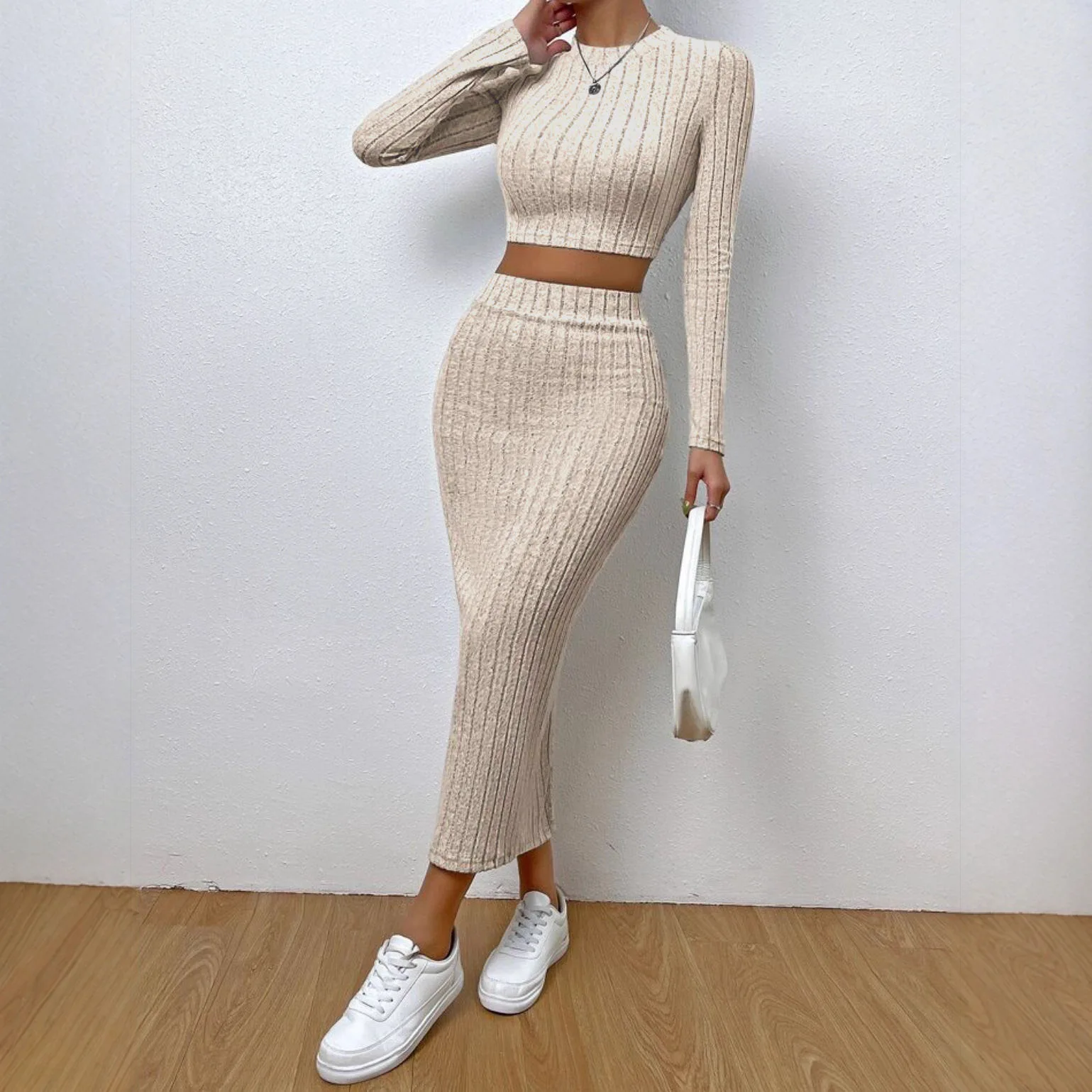 

2025 Autumn Women's Knitting Two Piece Set Casual Fashion Crewneck Long Sleeve Crop Top Bodycon Skirt Two Piece Outfit Set