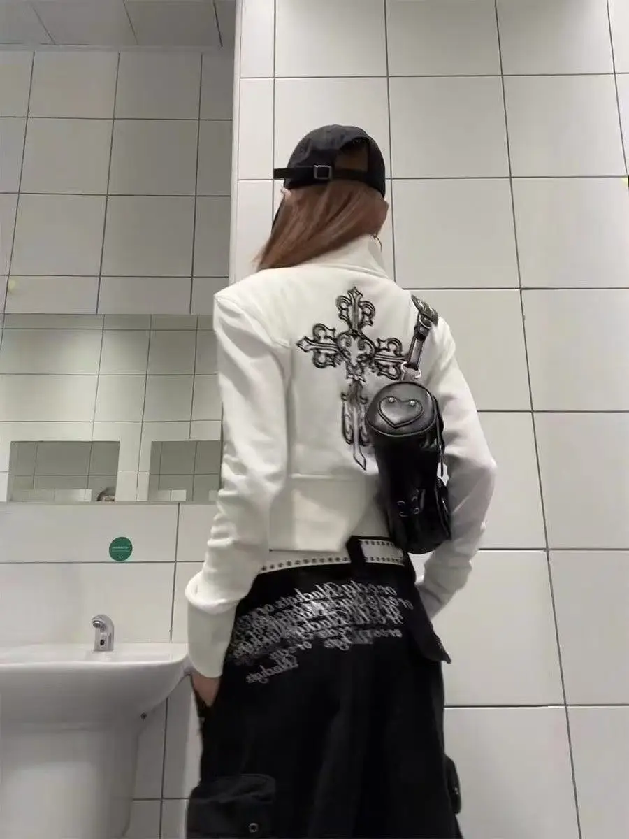 2025 الخريف ثقافة فرعية Y2k المرأة سترة جيوب سحاب مطبوع كم طويل معطف عادية ريترو شيك Bodycon أبلى الشارع الشهير