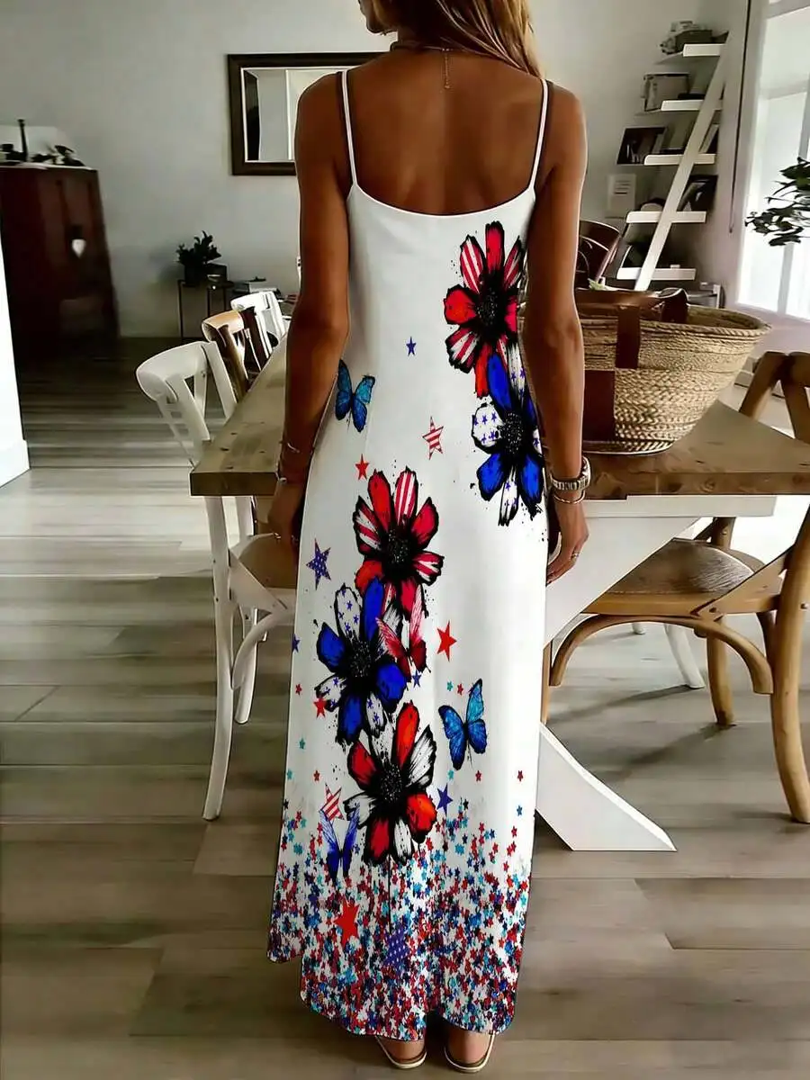 

Floral Print Sleeveless Maxi Dress With Stars And Butterflies Patriotic Design Summer Casual Wear
