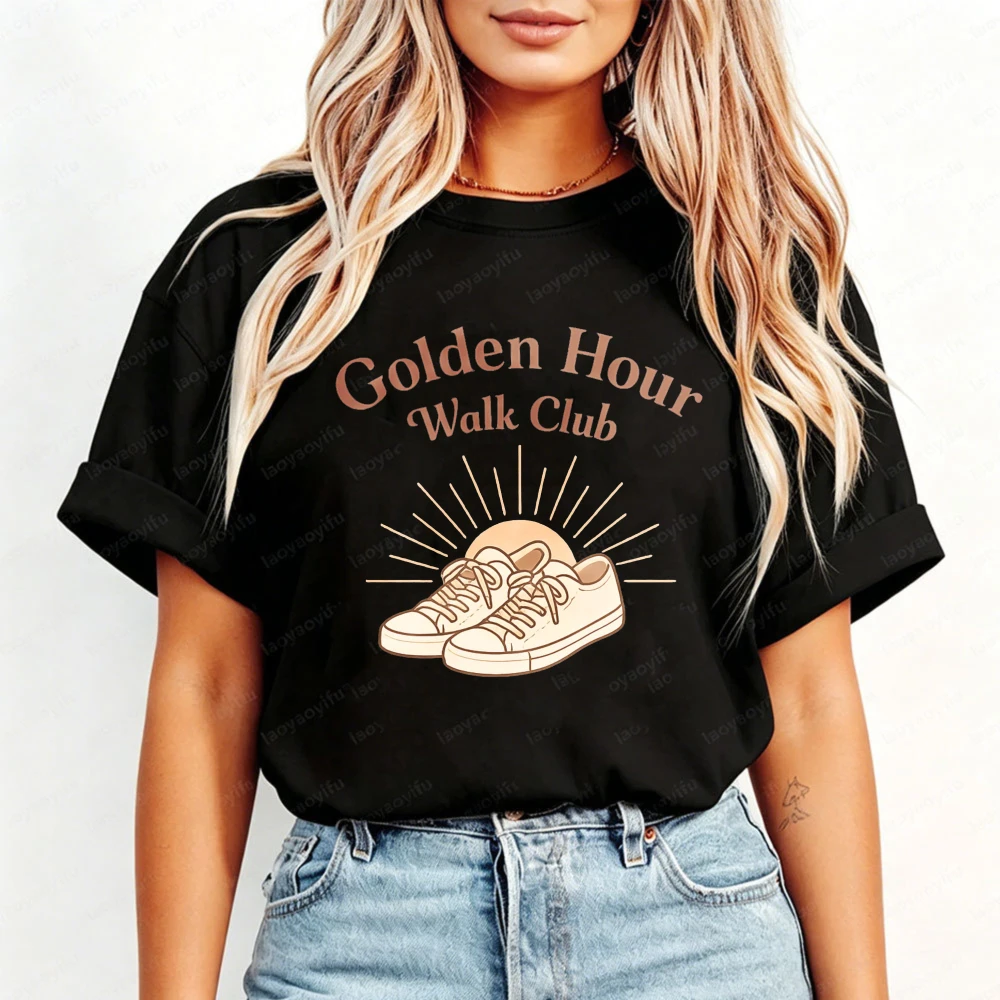 Golden Hour Walk Club Shirt Sunset Walking Tee Aesthetic Walking Club T Shirt Cozy Neutral Graphic Tee Casual Cotton Street Tee