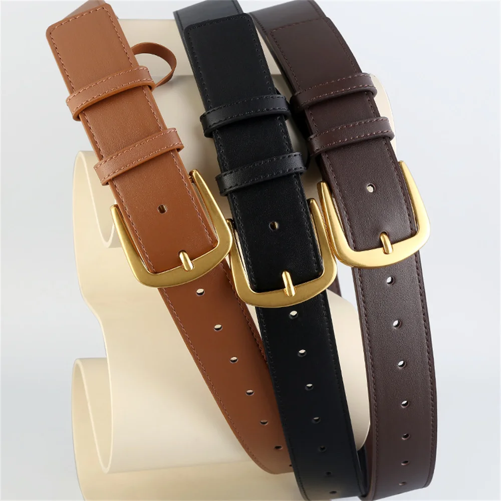 

Trend Women Leather Belt for Trousers Gold Color Pin Buckle Adjustable Waistbelt Black Color Genuine Leather Belt Accessories