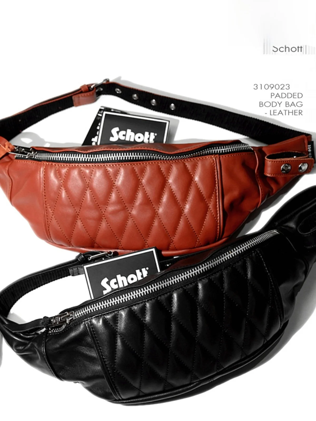Schott Padded Leather Biker Waist Bag Chest Bag 2 Colors Soft Canvas  Zipper Closure Casual Style Pure Color Pattern