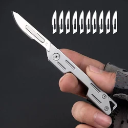 Pocket Folding Utility Knife EDC Stainless Steel Scalpel Emergency Lockable KeyChain 10 Blades for Medical Surgery Drop Shipping