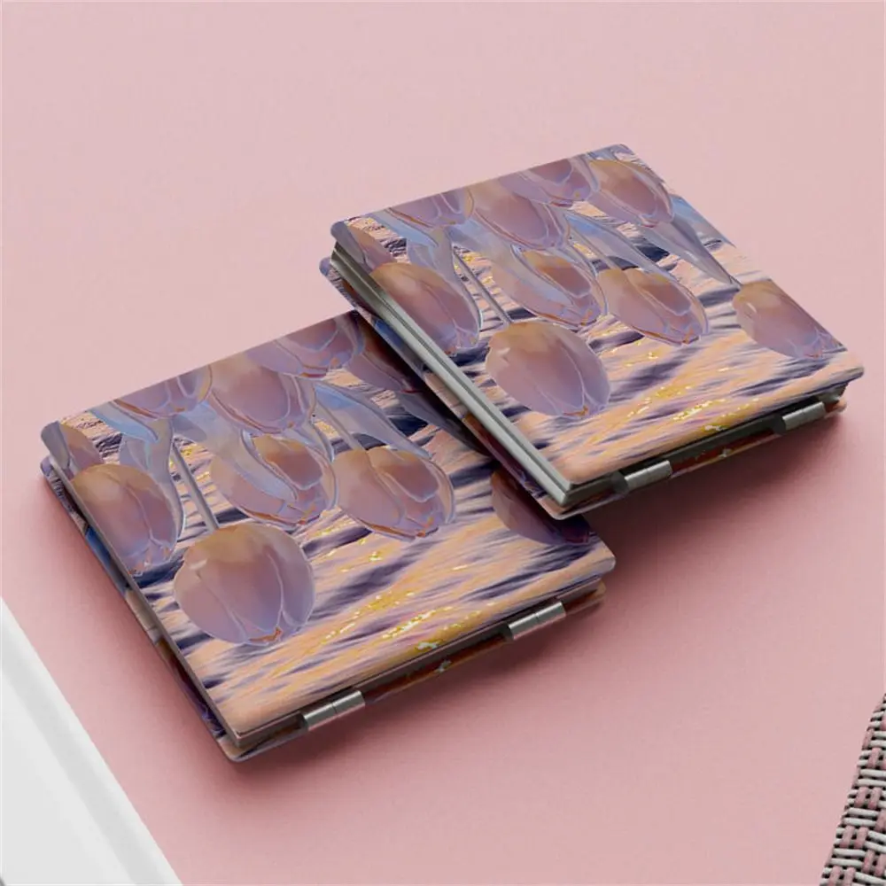 Tulip Square Makeup Mirror Double-Sided Magnifying Cosmetic Mirror Oil Painting Handheld Folding Mirror Girls Ladies