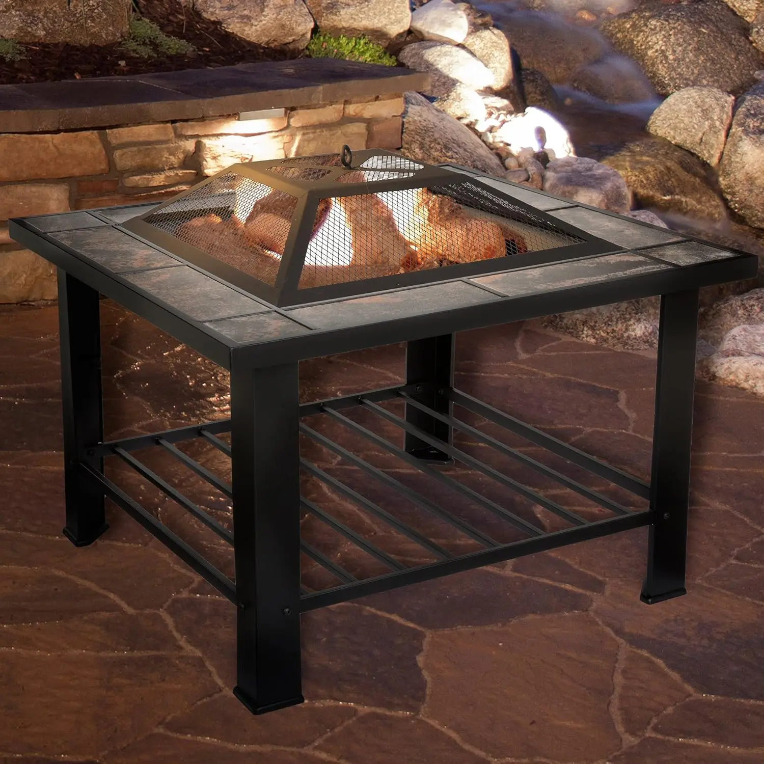 

50-104 Table – 30-Inch Square Wood Burning Bonfire Pit with Marble Edge, Spark Screen, Tile Fire Bowl Cover, Log Poker (Black)