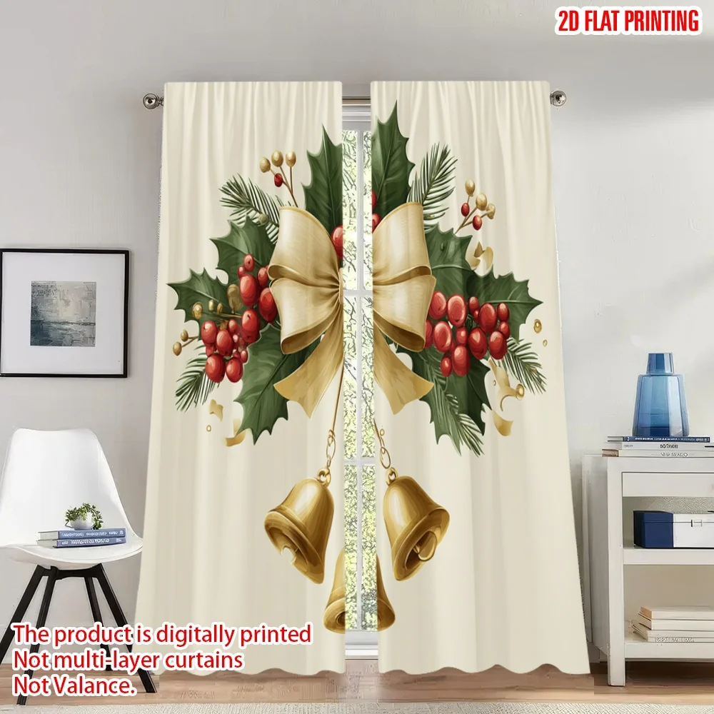 

2pcs 2D flat printing Christmas Classic Hot Curtains Christmas Holly Bells Garland Digital Printed Polyester Drapes Family Party