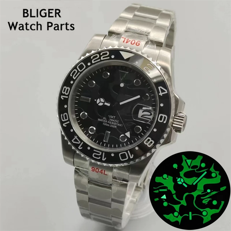 BLIGER 40mm GMT Function Automatic Men's Watch Date At 3 o'Clock Display Sapphire Glass Oysert Bracelet  Luminous Dial Hands