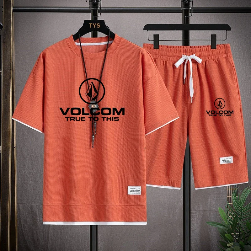 Summer VOLCOM Men\'s Tracksuit T-shirt + Shorts Suit Sports Print Casual Fashion Short-sleeved T-shirt Suit Men\'s Jogging Suit