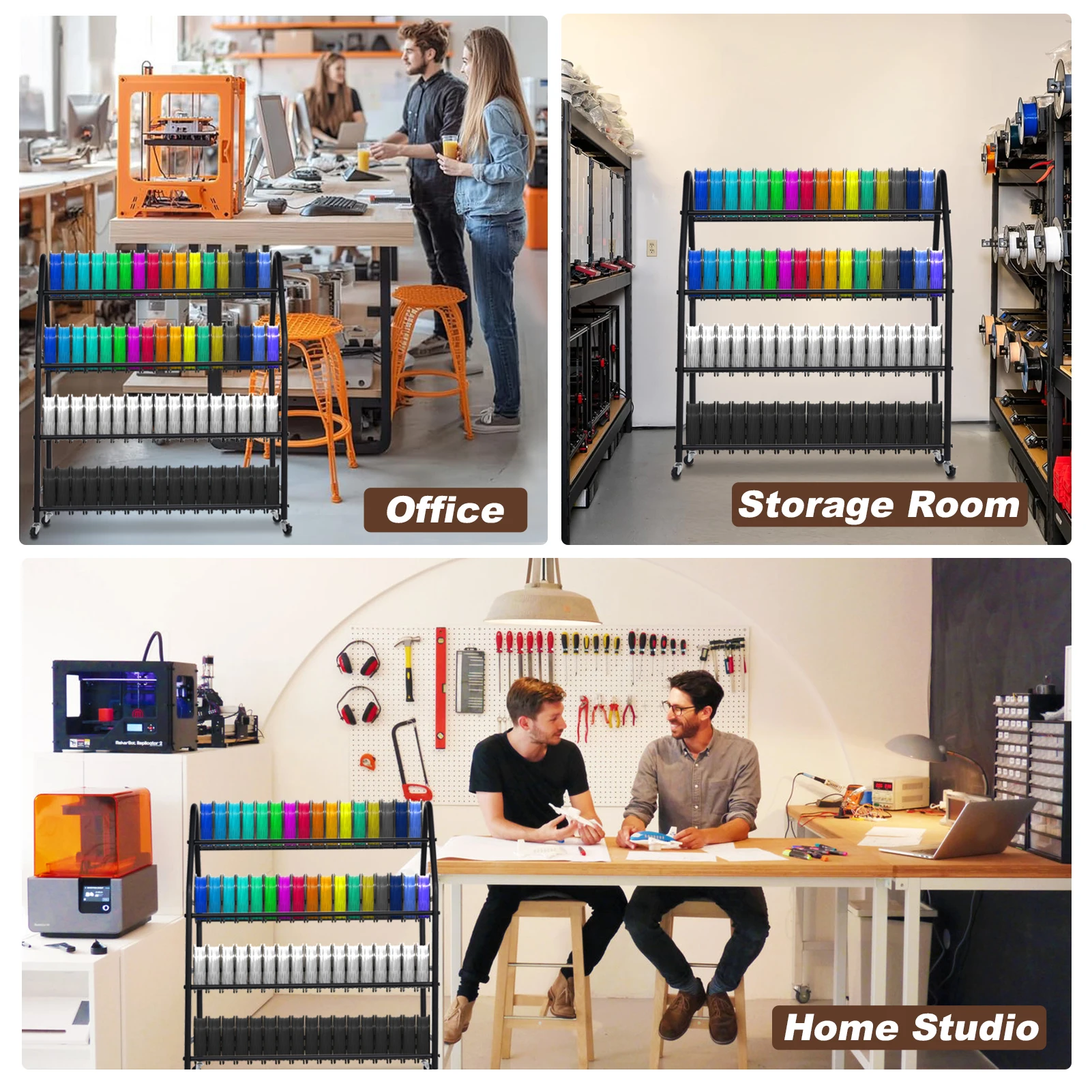 Stojak na filament do drukarki 3D z kółkami, wytrzymała metalowa półka, akcesoria do drukowania 3D, czarny