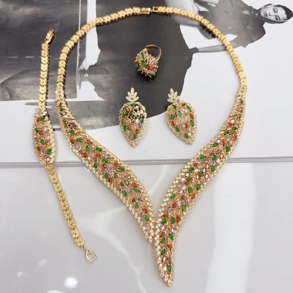 

EMMA New Trendy Luxury 4PC Necklace Earring Bracelet Ring Set For Women Wedding Party Full Zircon Dubai Bridal Jewelry Sets