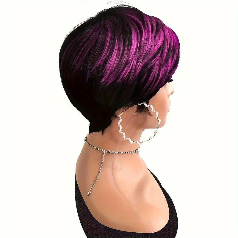 1B/Purple Color Straight Human Hair Wig With Bangs Pixie Cut Straight Human Hair Wig Full Machine Made Wig
