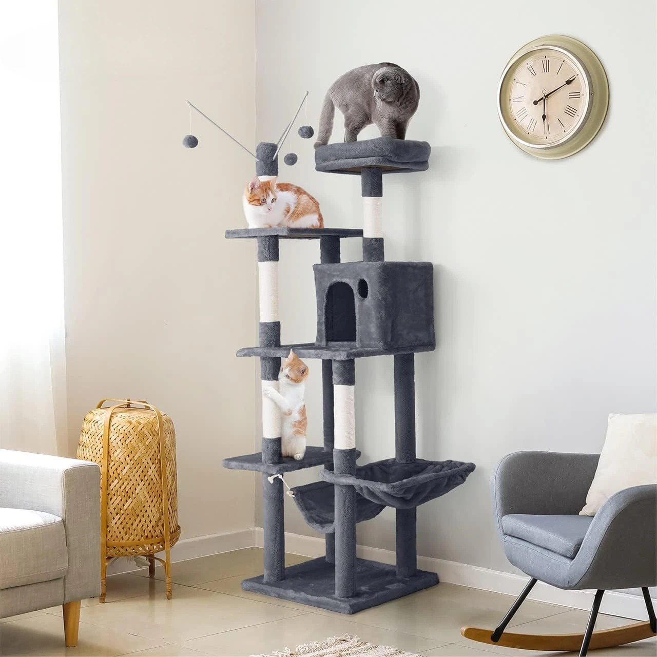 

ctivity Tree with Hammock, Multi-Level Modern Cat Climbing Play Tower w Tall Top Perch, Cat Cave Condo, Indoor Cat Treew