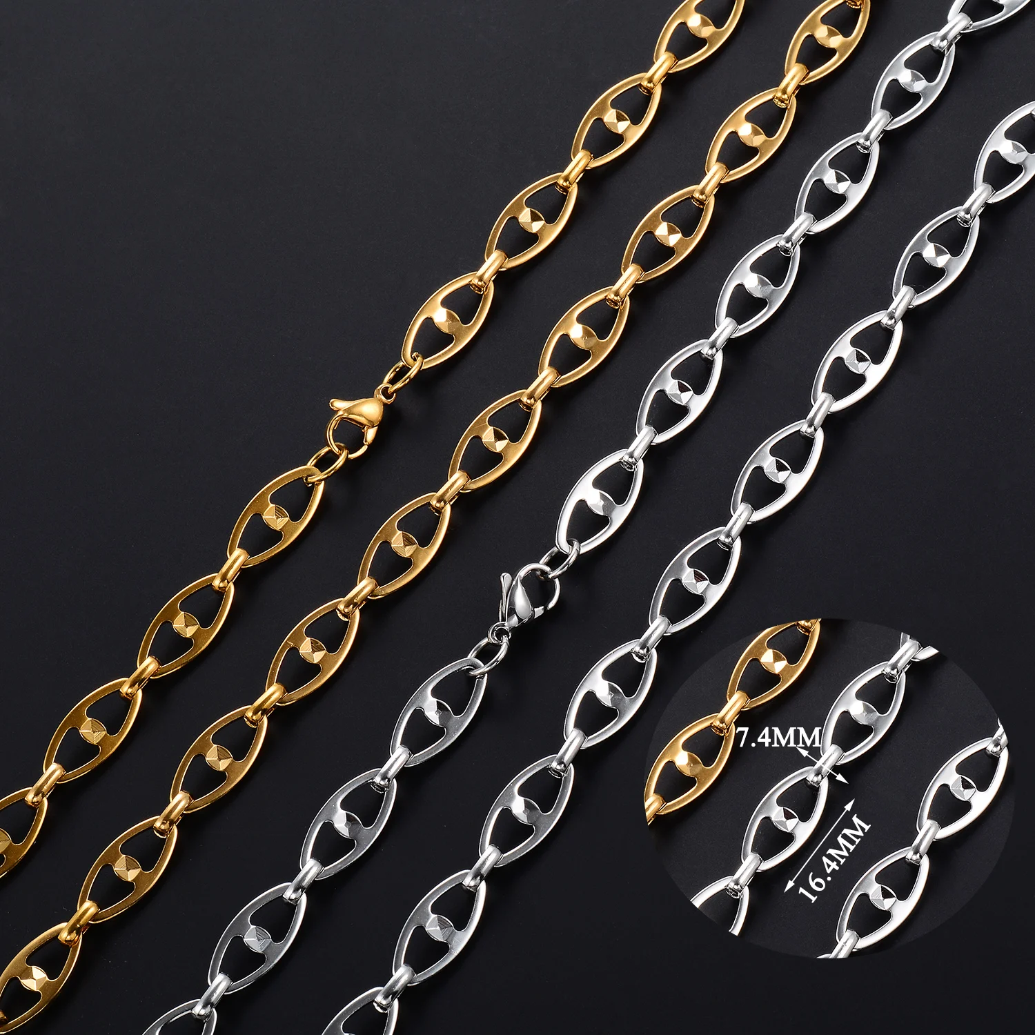 Wasserdichte Edelstahlkette mit geometrischen Gliedern, niedlichem Schweinsnase-Motiv, hohler Schnitzerei, Hip-Hop-Schmuck für Männer und Frauen – Detail 4