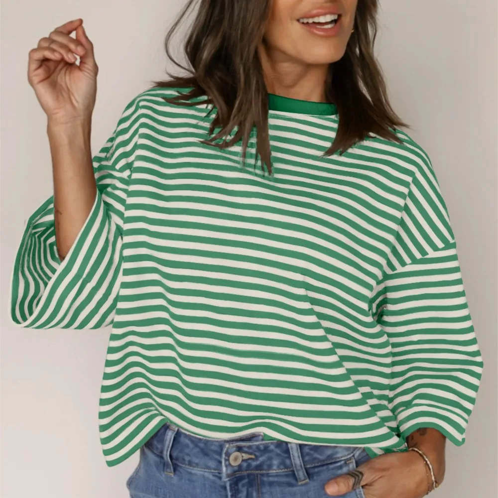 

Женская модная футболка с круглым вырезом, в полоску, с завязками на спине, с коротким рукавом, летняя новинка, повседневный свободный вязаный пуловер, женский топ 2026