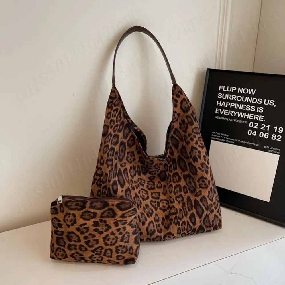 Leopard Print Shoulder Bag for Women Suede Large Tote Bag Hobo Bag Magnetic Closure Purse and Handbag Trendy for Work Travel