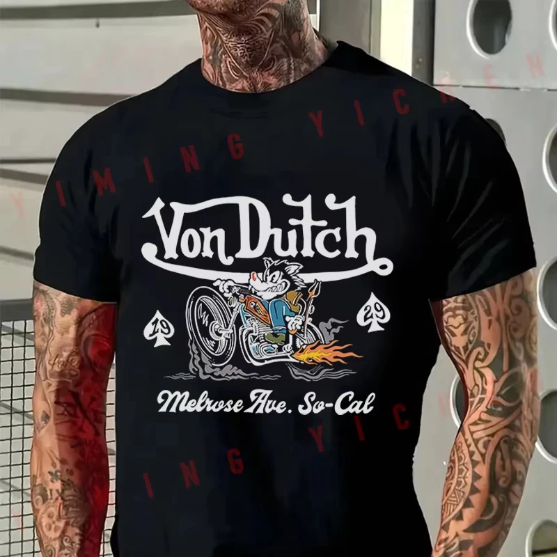 Retro Motorcycle T-Shirt Men Cartoon Wolf Rider Print American Biker Hip-Hop Streetwear Tee