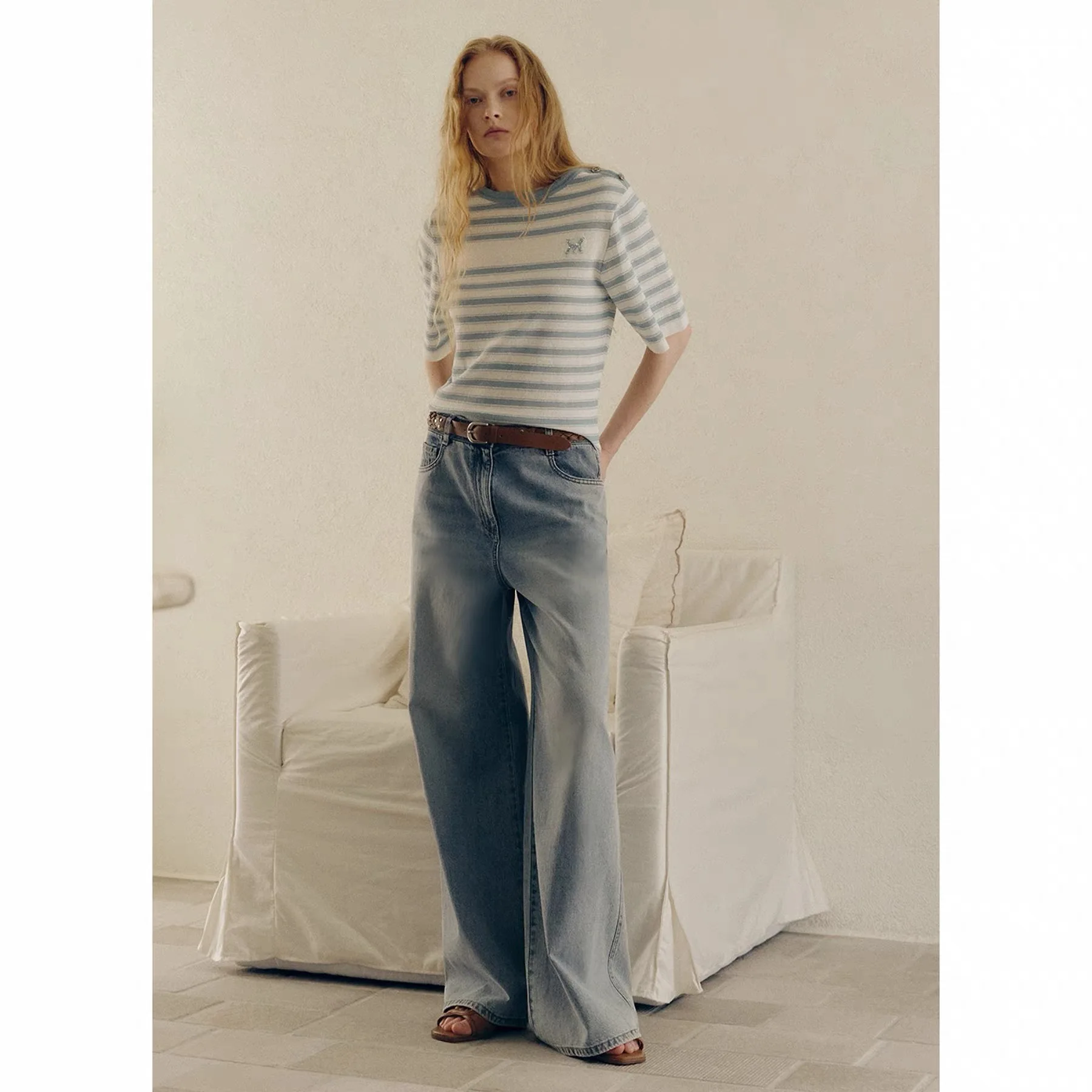 NingYao MIC26 Autumn Casual mid High Waist Commuter Versatile Straight Leg Jeans Belt Women's Fashion Short Outerwear