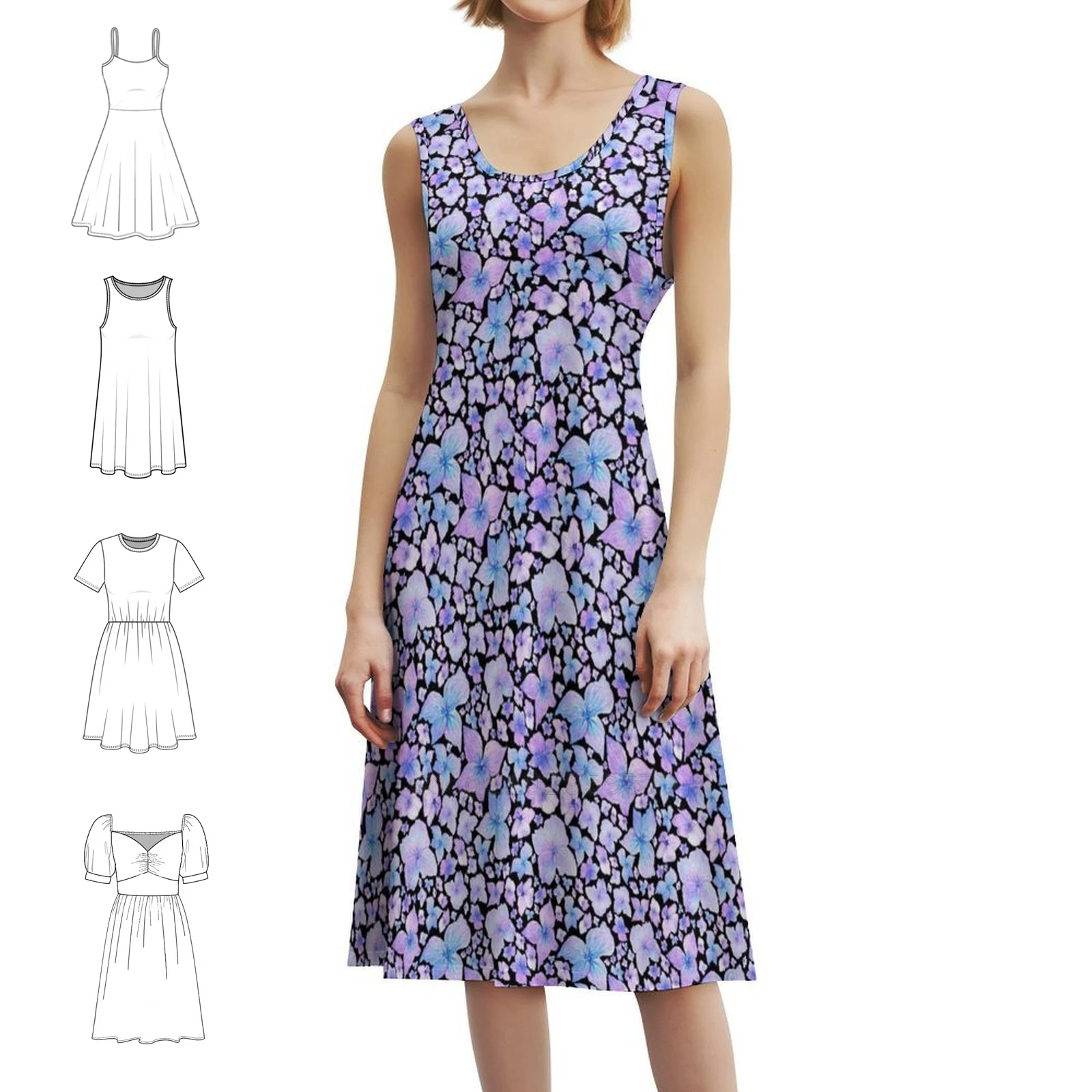 

Serrata Watercolor Floral Pattern On Black Korean Style Casual Dress For Women Simple Daily Office Lady Dresses Watercolor