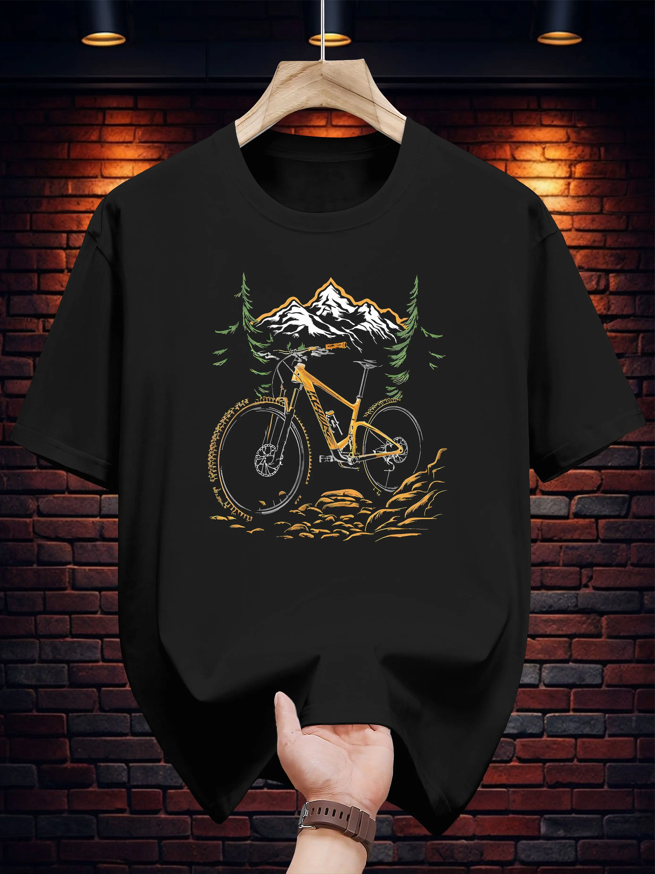 Summer Men's 100% Cotton Casual Loose Mountain and Bicycle Pattern Printed Comfortable Sports Round Neck Short Sleeved T-Shirt