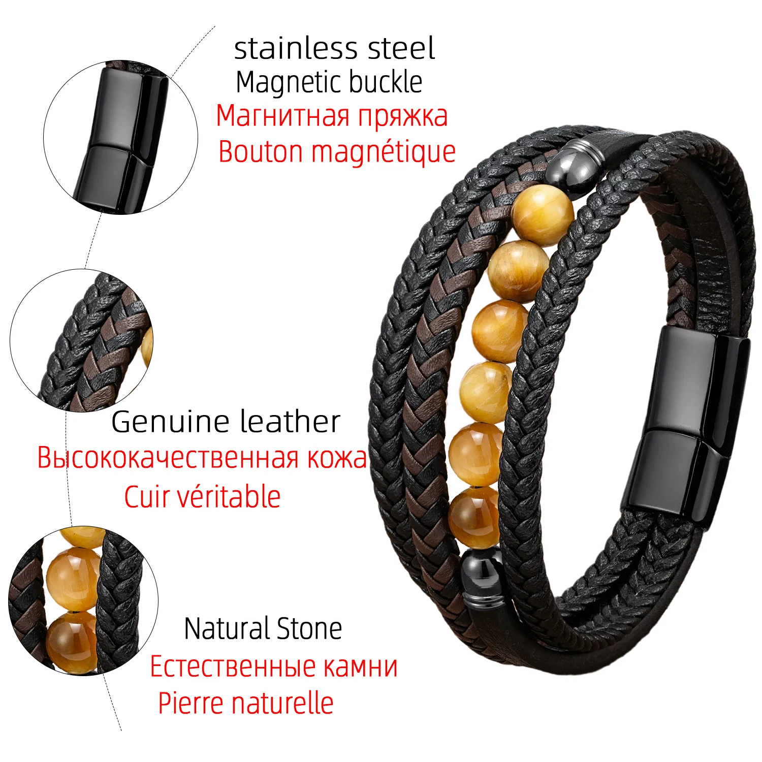 Natürliches Rundes Lavastein-Perlenarmband für Männer, Mehrschichtiges Geflochtenes Lederarmband, Modisches Tigerauge-Schmuckstück, Geschenk für den Freund – Detail 12